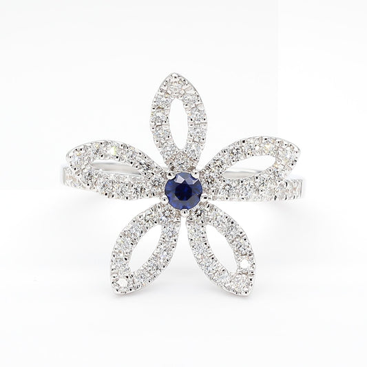 Natural Blue Round Sapphire and White Diamond 0.71 Carat TW Gold Cocktail Ring