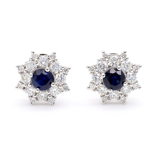 Natural Blue Round Sapphire and Diamond 1.26 Carat TW Gold Stud Earrings