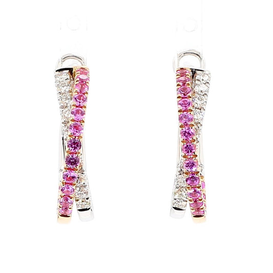Natural Pink Round Sapphire and Diamond 1.93 Carat TW Gold Hoop Earrings