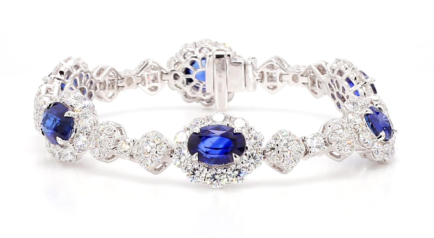 GIA Natural Blue Oval Sapphire and Diamond 21.69 Carat TW Gold Bracelet