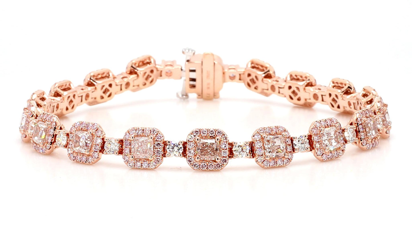 GIA Natural Fancy Light Brown-Pink Cushion Diamond 8.89 Carat TW Gold Bracelet