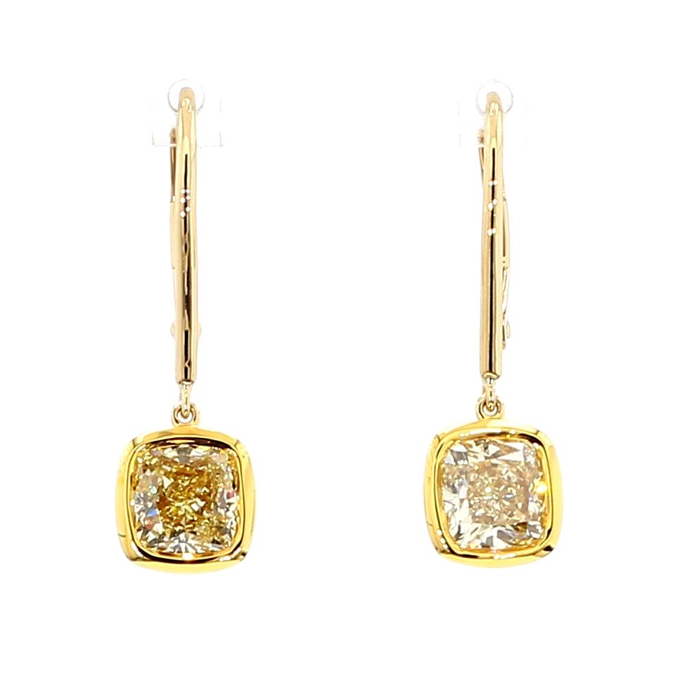 GIA Certified Natural Yellow Cushion Diamond 2.28 Carat TW Gold Earrings