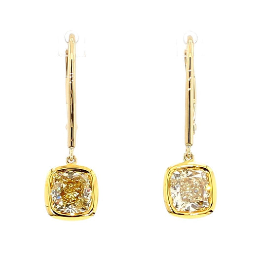 GIA Certified Natural Yellow Cushion Diamond 2.28 Carat TW Gold Earrings