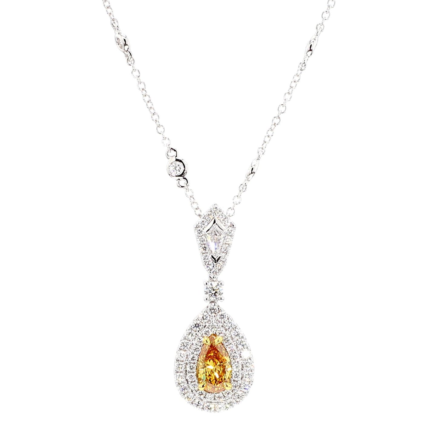 GIA Natural Fancy Vivid Yellow-Orange Pear Diamond 1.69 Carat TW Gold Necklace