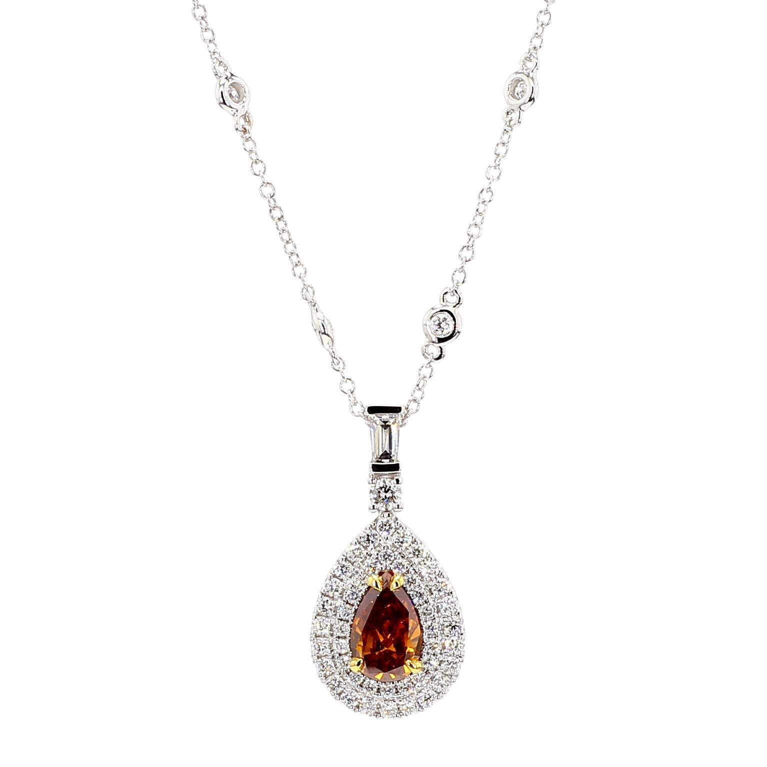 GIA Fancy Deep Brownish Yellowish Orange Pear Diamond 1.95 CTS Gold Necklace