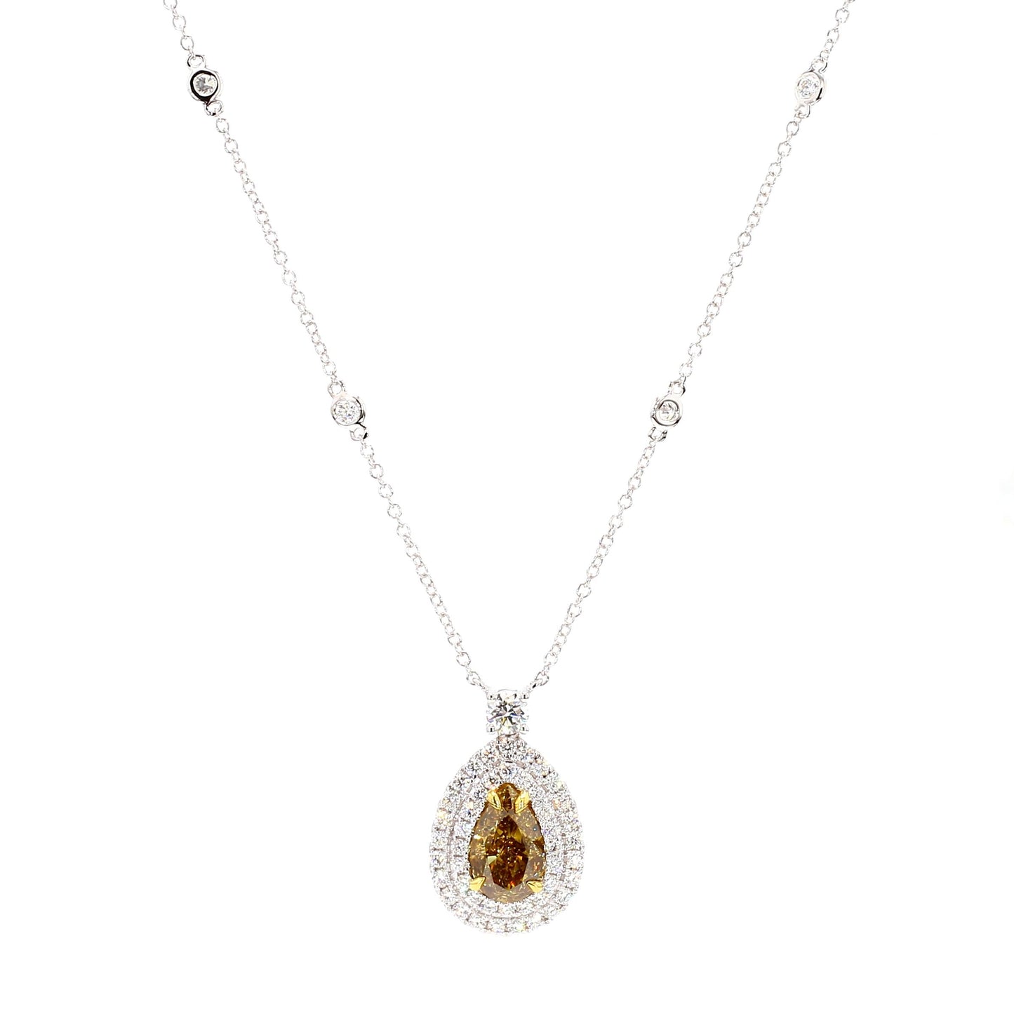 GIA Natural Fancy Deep Brownish Yellow Pear Diamond 3.27 Carat TW Gold Necklace