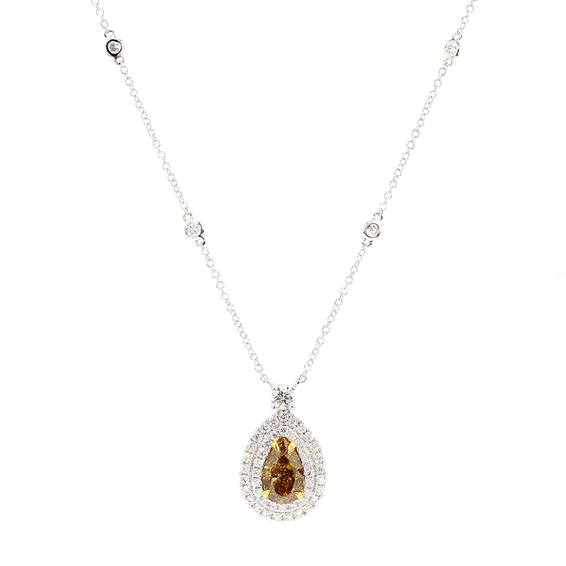 GIA Natural Fancy Deep Brownish Yellow Pear Diamond 3.27 Carat TW Gold Necklace