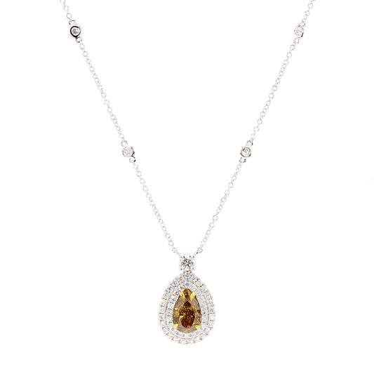 GIA Natural Fancy Deep Brownish Yellow Pear Diamond 3.27 Carat TW Gold Necklace