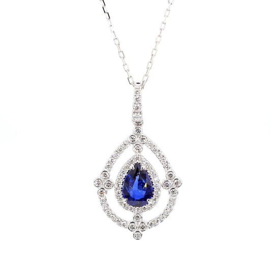 GIA Certified Natural Blue Pear Sapphire and Diamond 2.60 Carat TW Gold Pendant