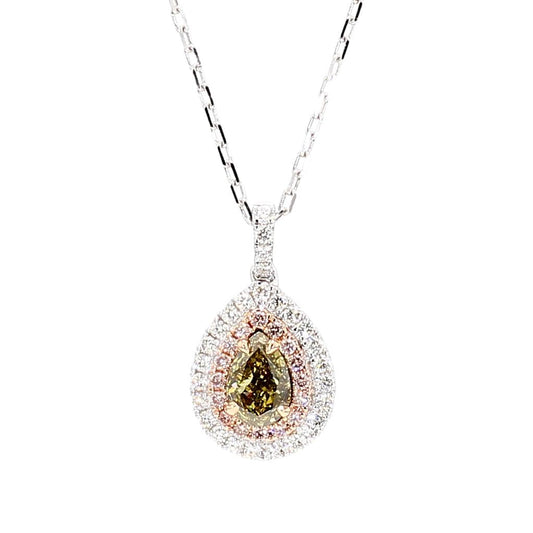 GIA Natural Fancy Brownish Greenish Yellow Pear Diamond 1.06 Carat Gold Pendant