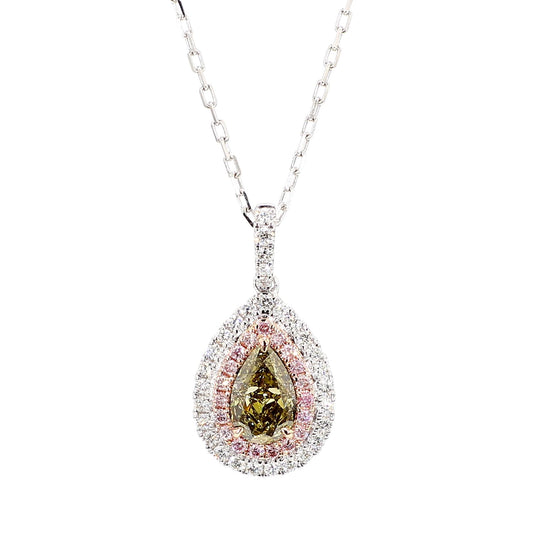 GIA Natural Fancy Brownish Greenish Yellow Pear Diamond 1.48 Carat Gold Pendant