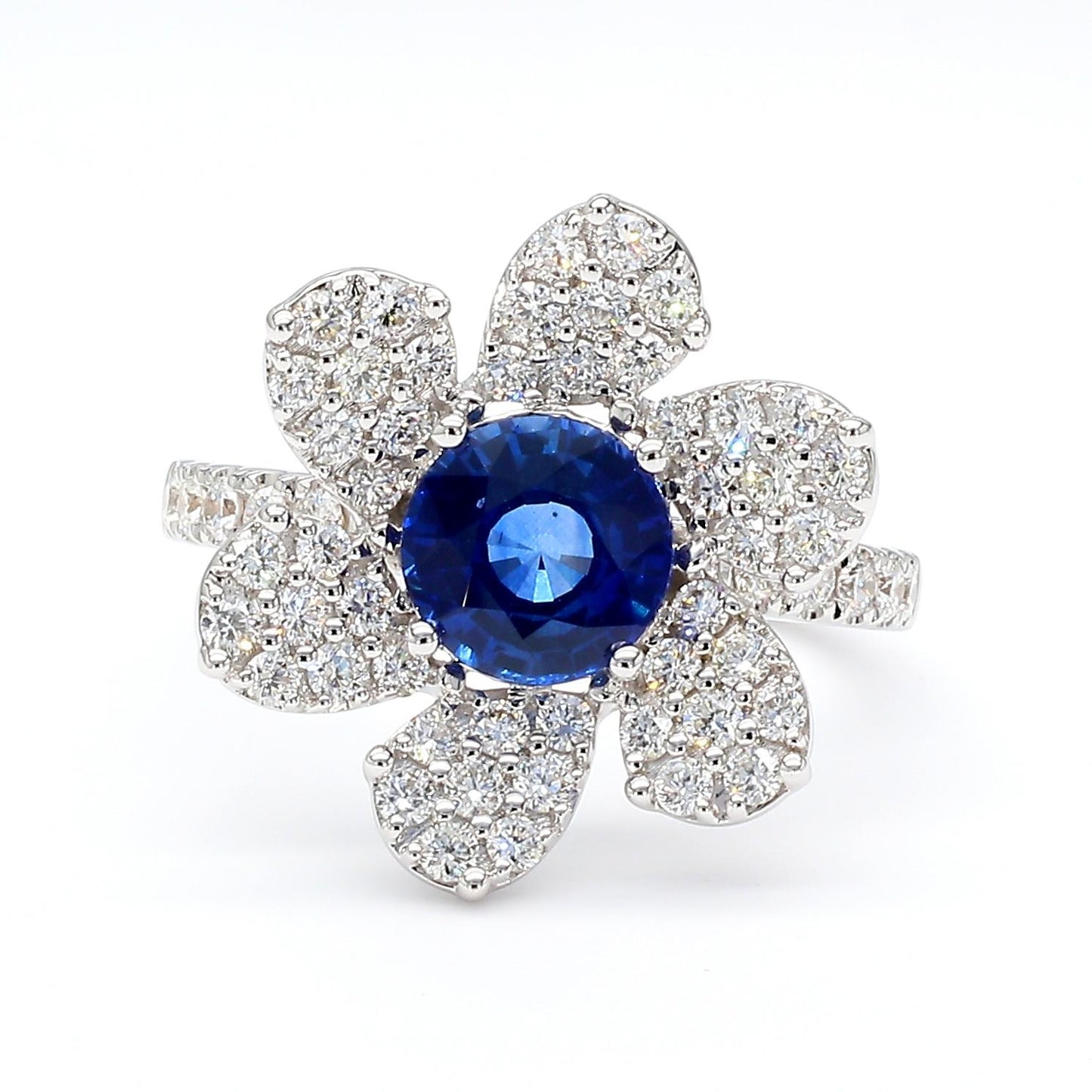 Natural Blue Round Sapphire and White Diamond 2.25 Carat TW Gold Cocktail Ring