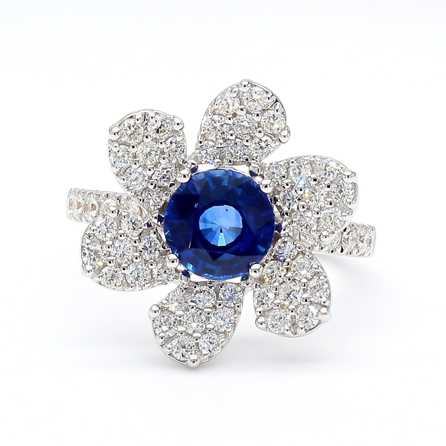 Natural Blue Round Sapphire and White Diamond 2.25 Carat TW Gold Cocktail Ring