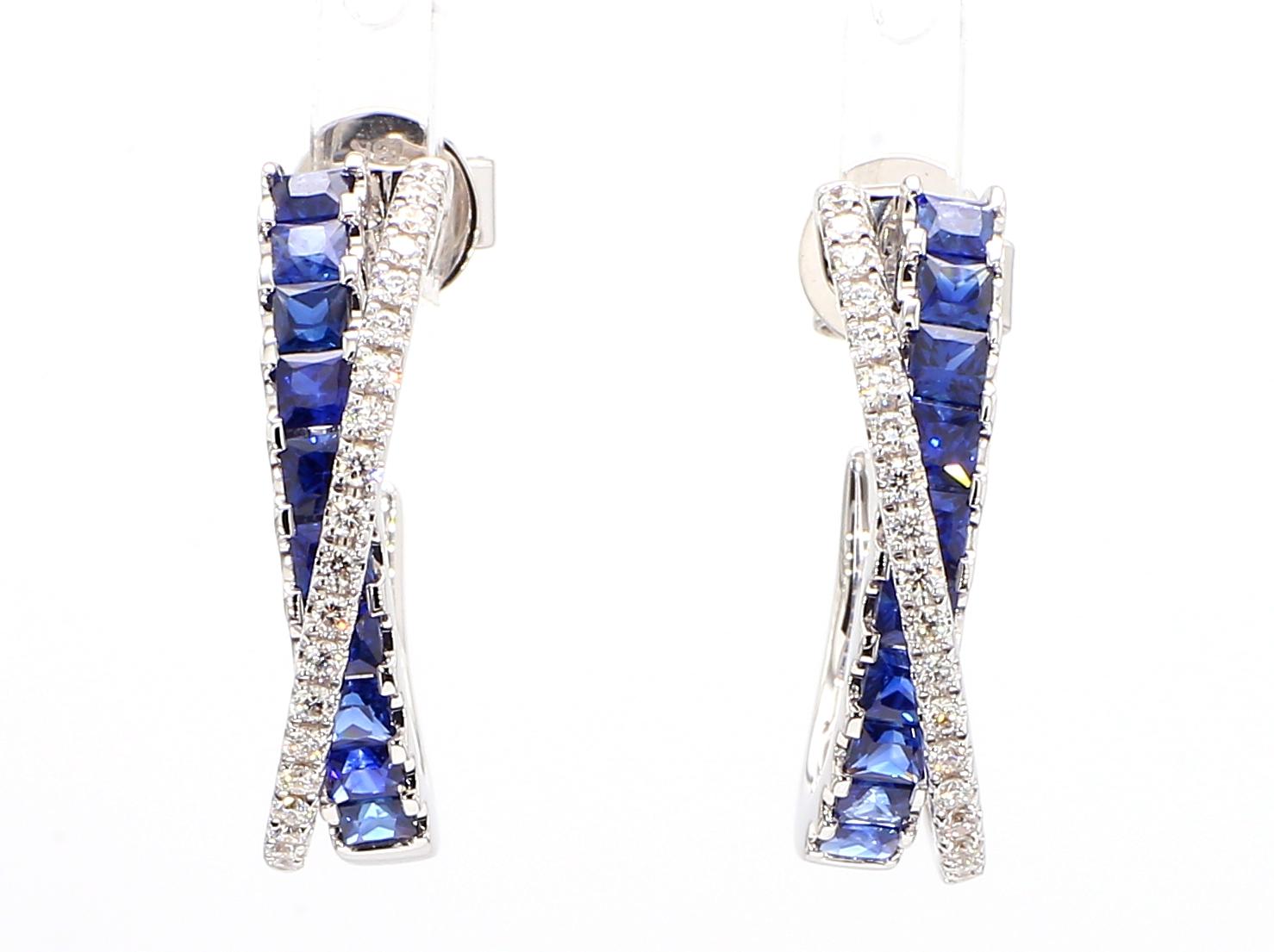 Natural Blue Princess Sapphire and Diamond 1.64 Carat TW Gold Hoop Earrings