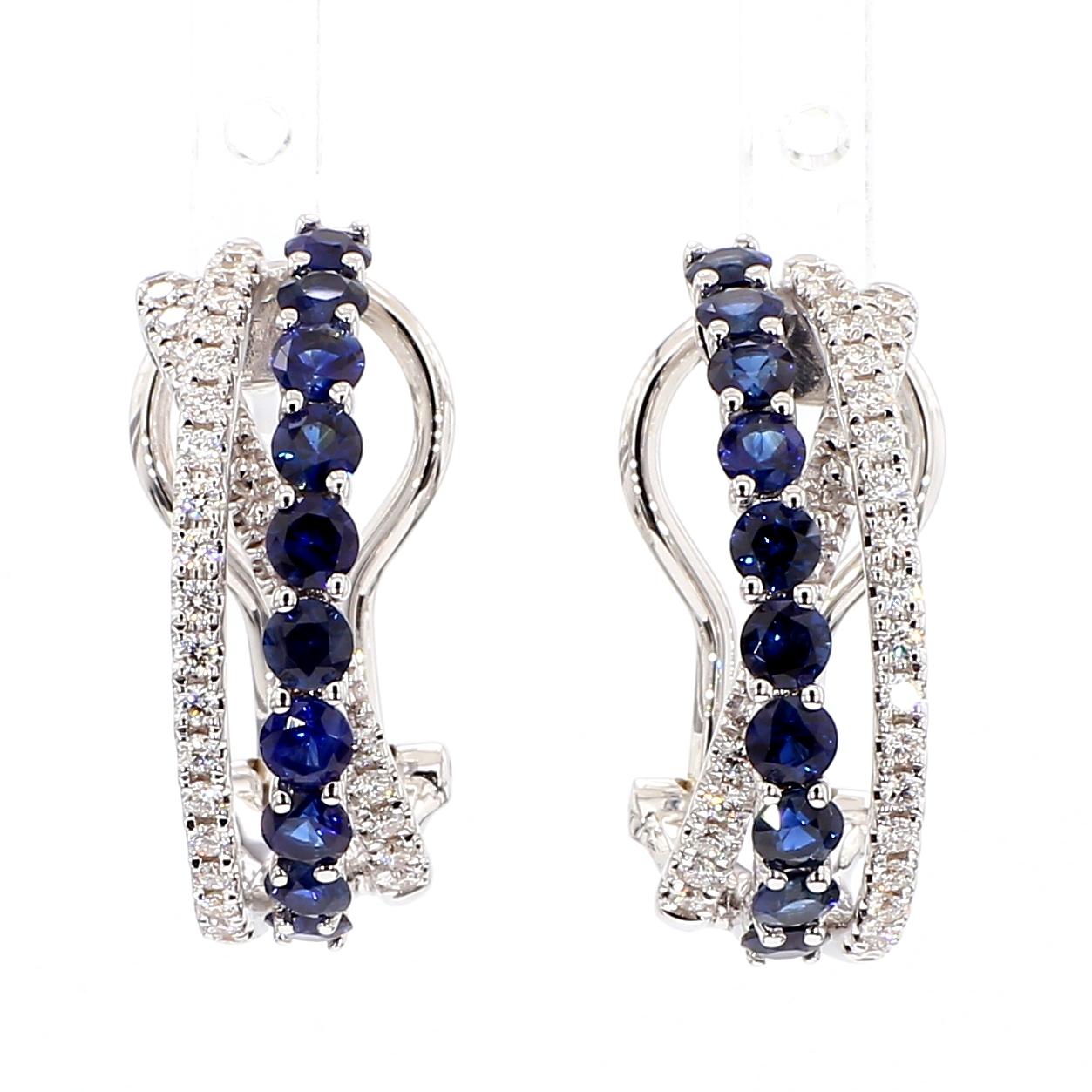 Natural Blue Round Sapphire and Diamond 1.76 Carat TW Gold Hoop Earrings