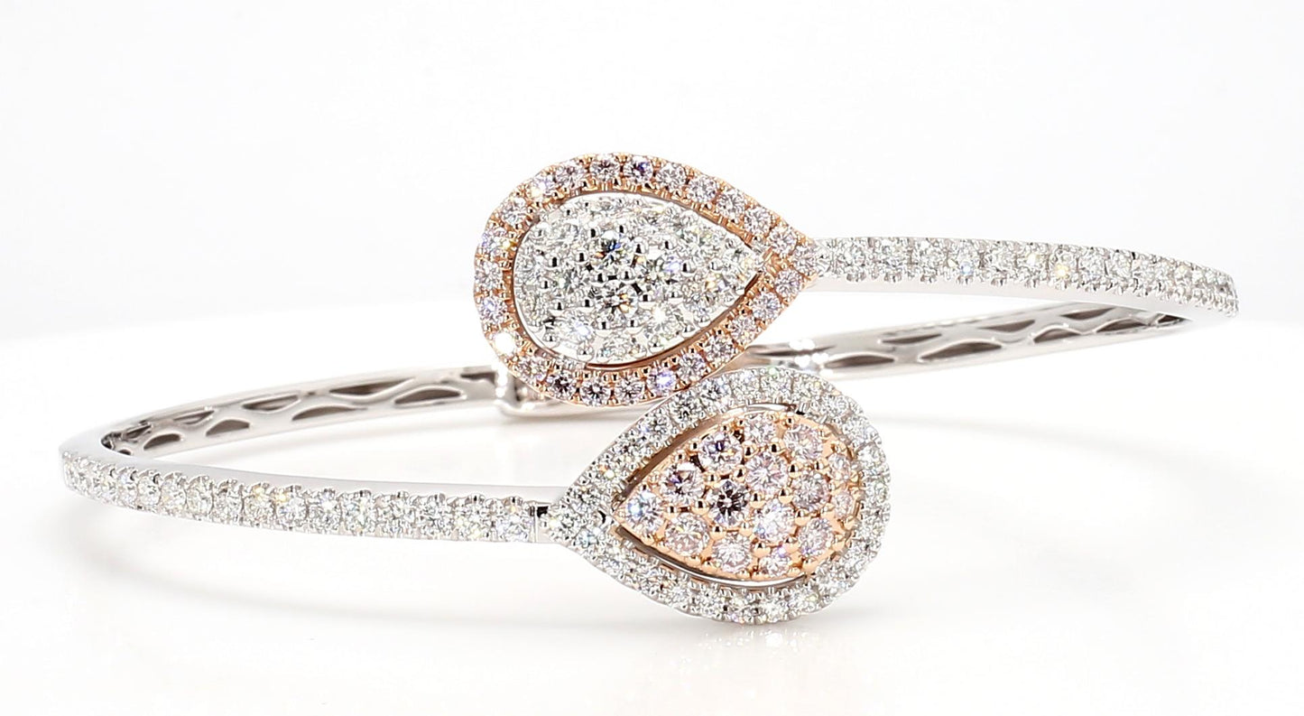 Natural Pink Round and White Diamond 2.65 Carat TW Gold Cuff Bracelet