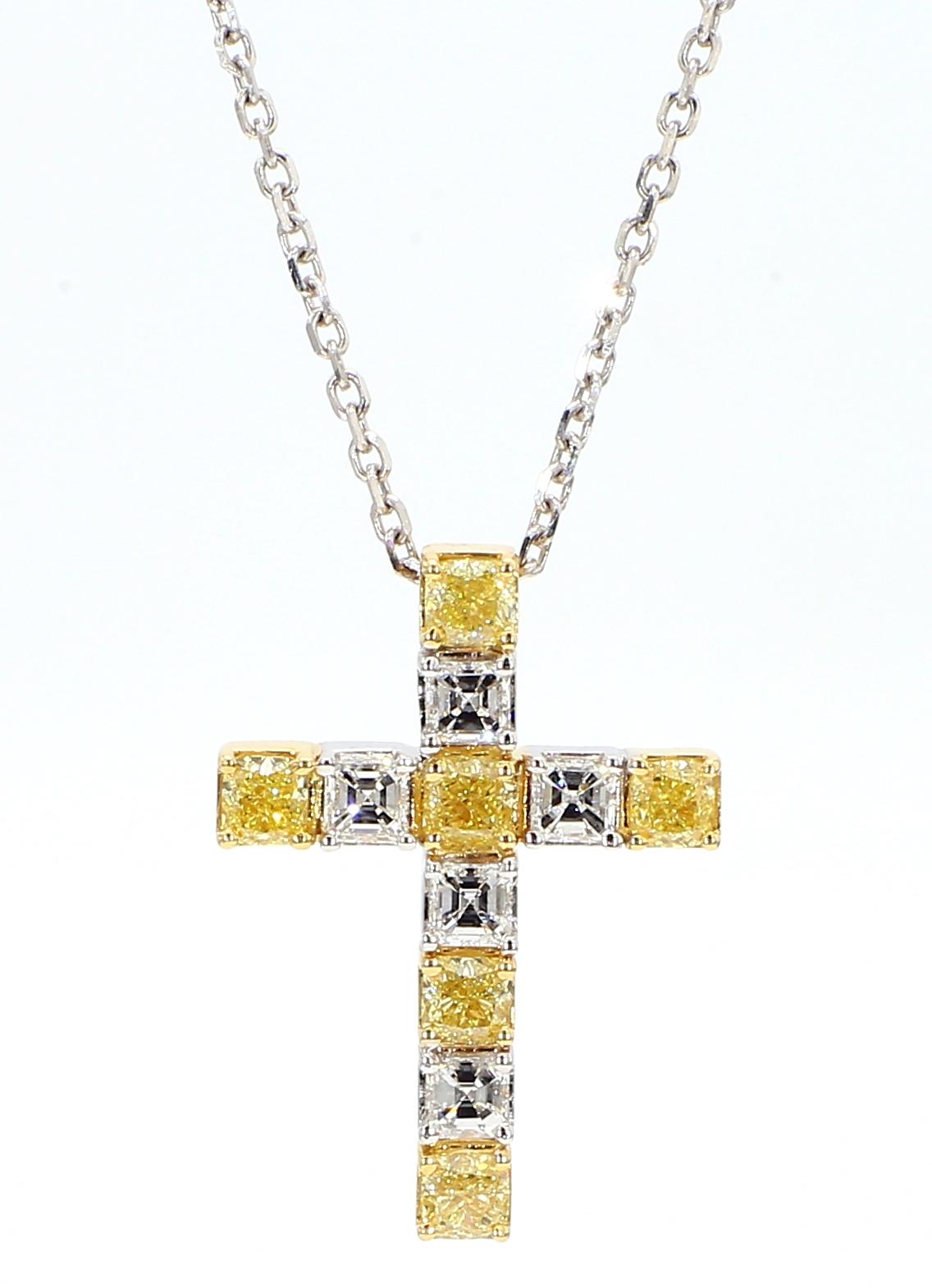 Natural Yellow Cushion and White Diamond 1.48 Carat TW Gold Cross Pendant