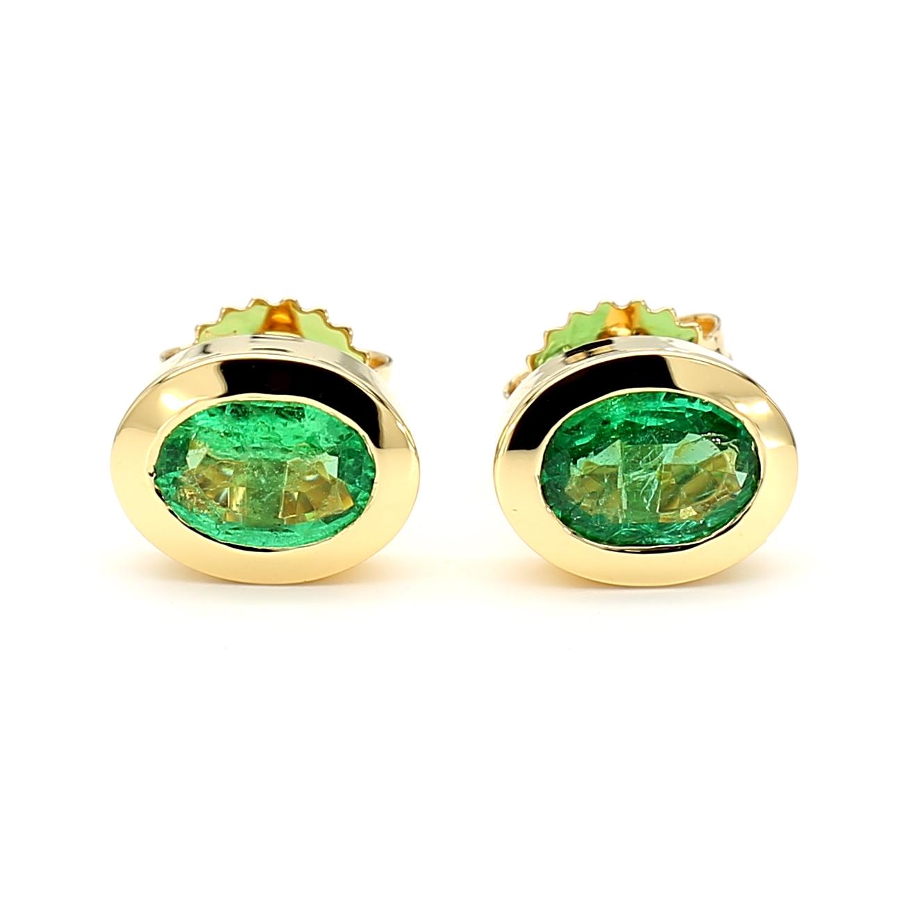 Natural Oval Emerald 1.32 Carat TW Gold Stud Earrings