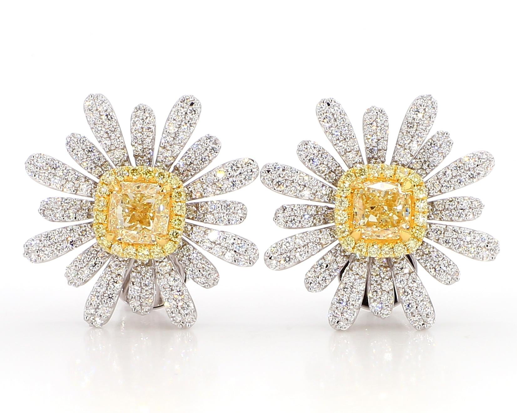 GIA Certified Natural Yellow Cushion Diamond 3.44 Carat TW Gold Stud Earrings