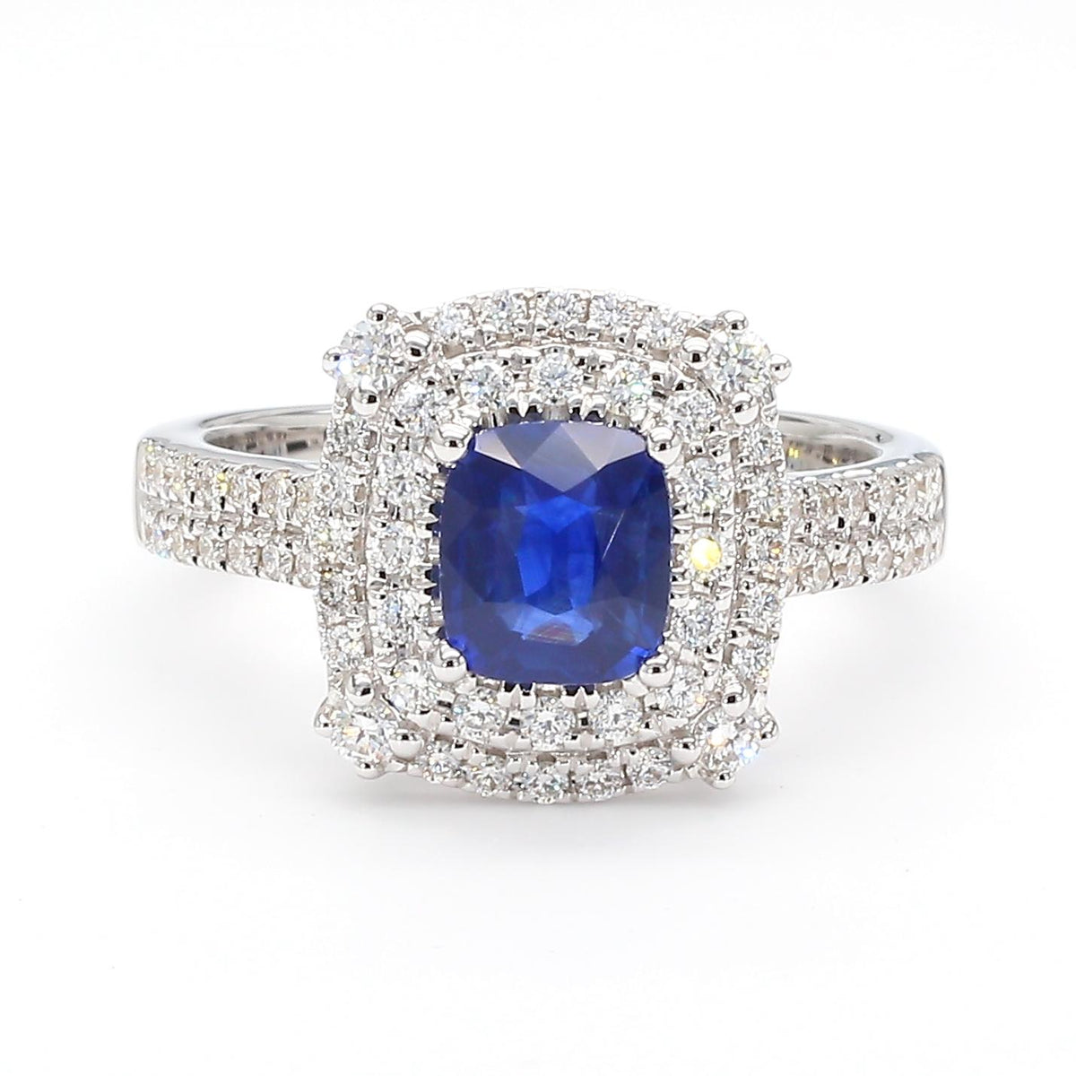 Natural Blue Cushion Sapphire and White Diamond 1.60 Carat TW Gold Cocktail Ring
