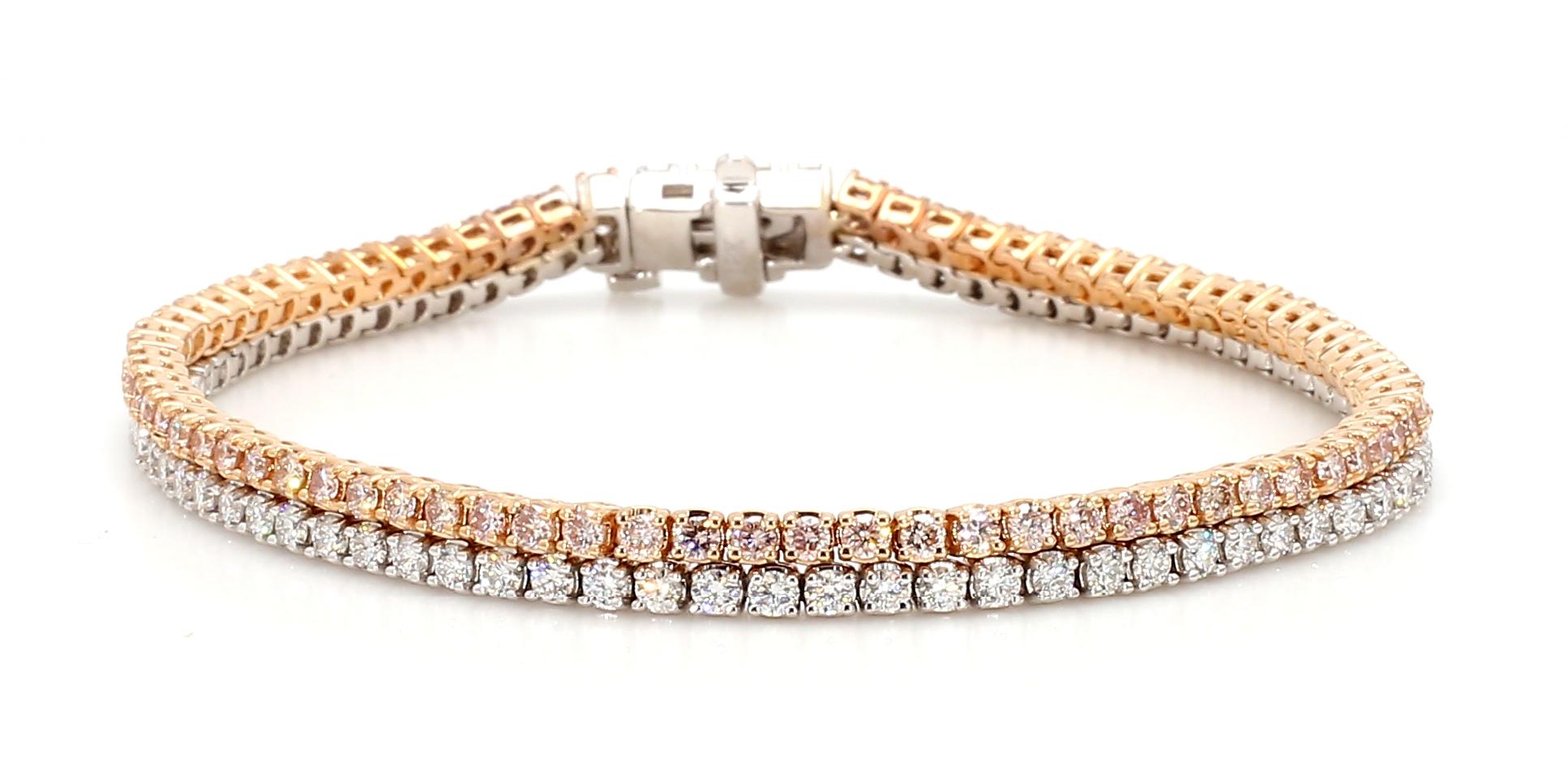 Natural Pink Round Diamond 4.23 Carat TW Gold Bracelet