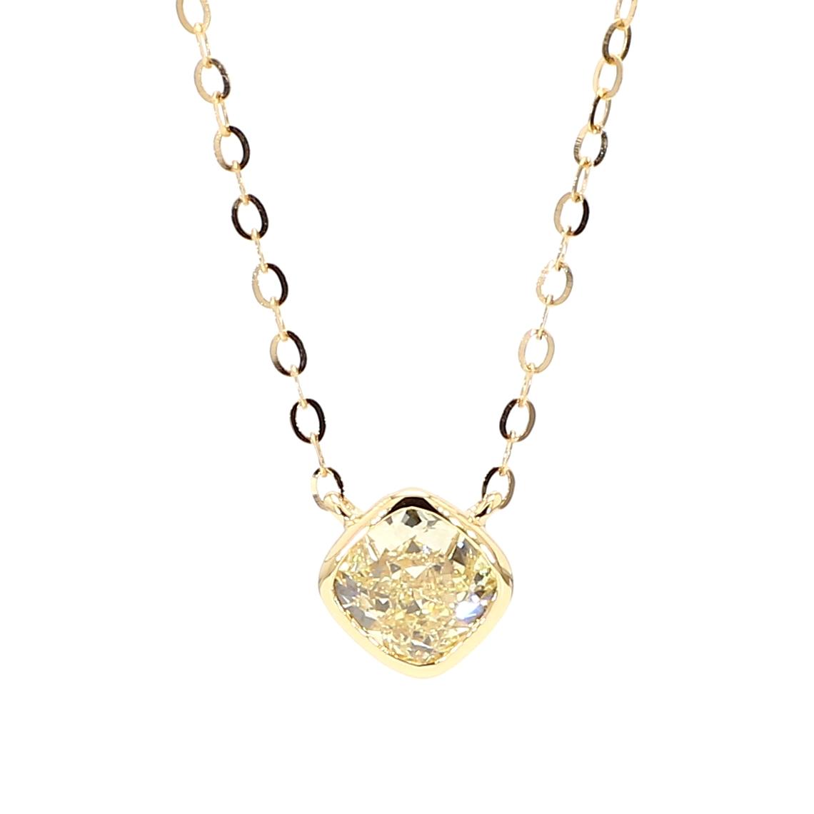 GIA Certified Natural Light Yellow Cushion Diamond 0.73 Carat TW Gold Necklace
