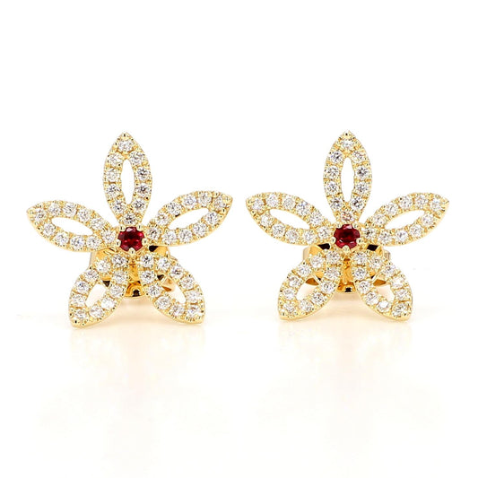 Natural Round Ruby and White Diamond 0.58 Carat TW Gold Earrings
