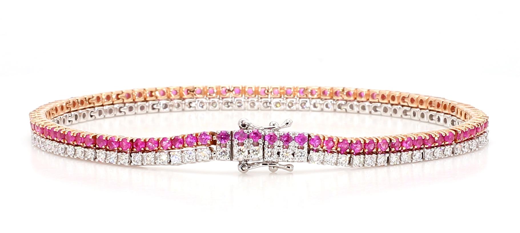 Natural Pink Round Sapphire and White Diamond 3.50 Carat TW Gold Tennis Bracelet