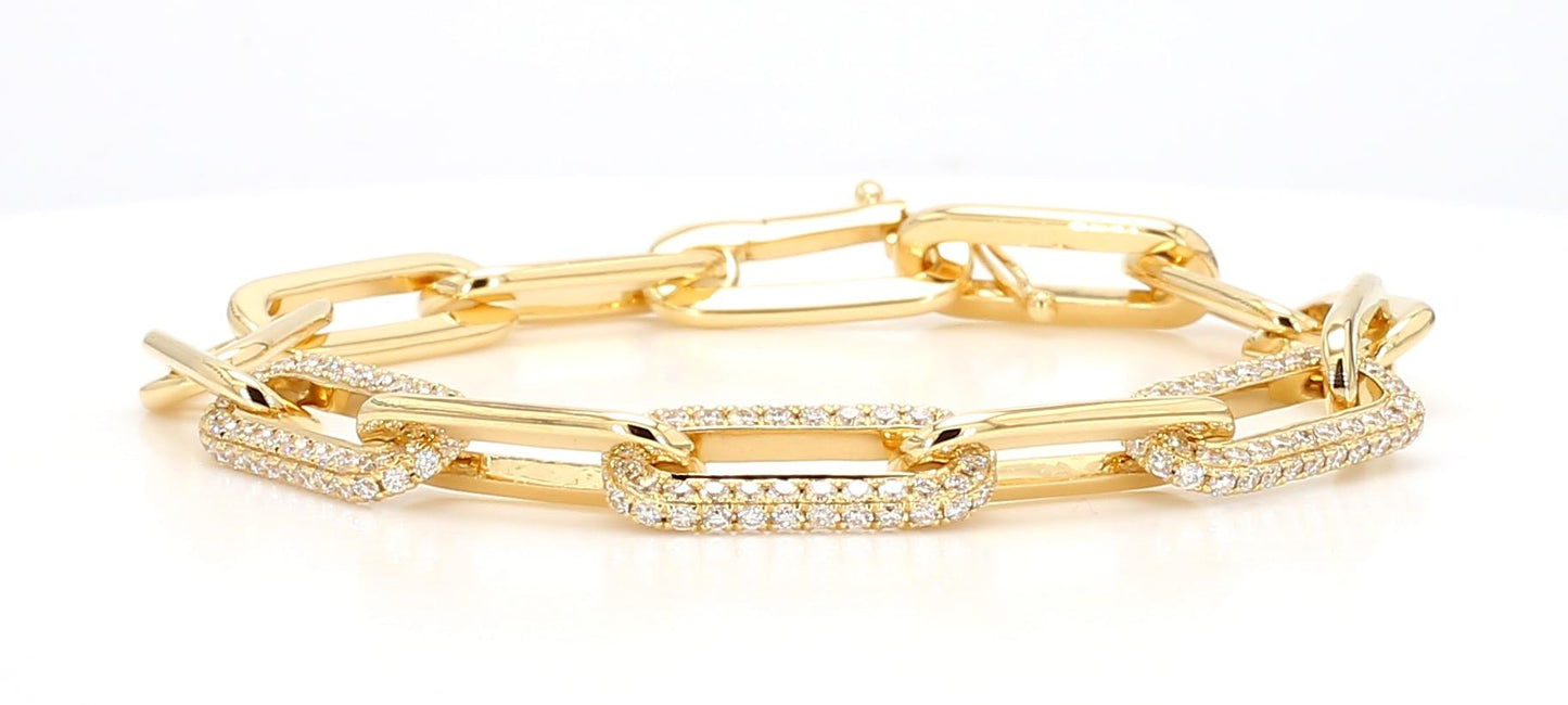 Natural White Round Diamond 2.01 Carat TW Yellow Gold Link Bracelet