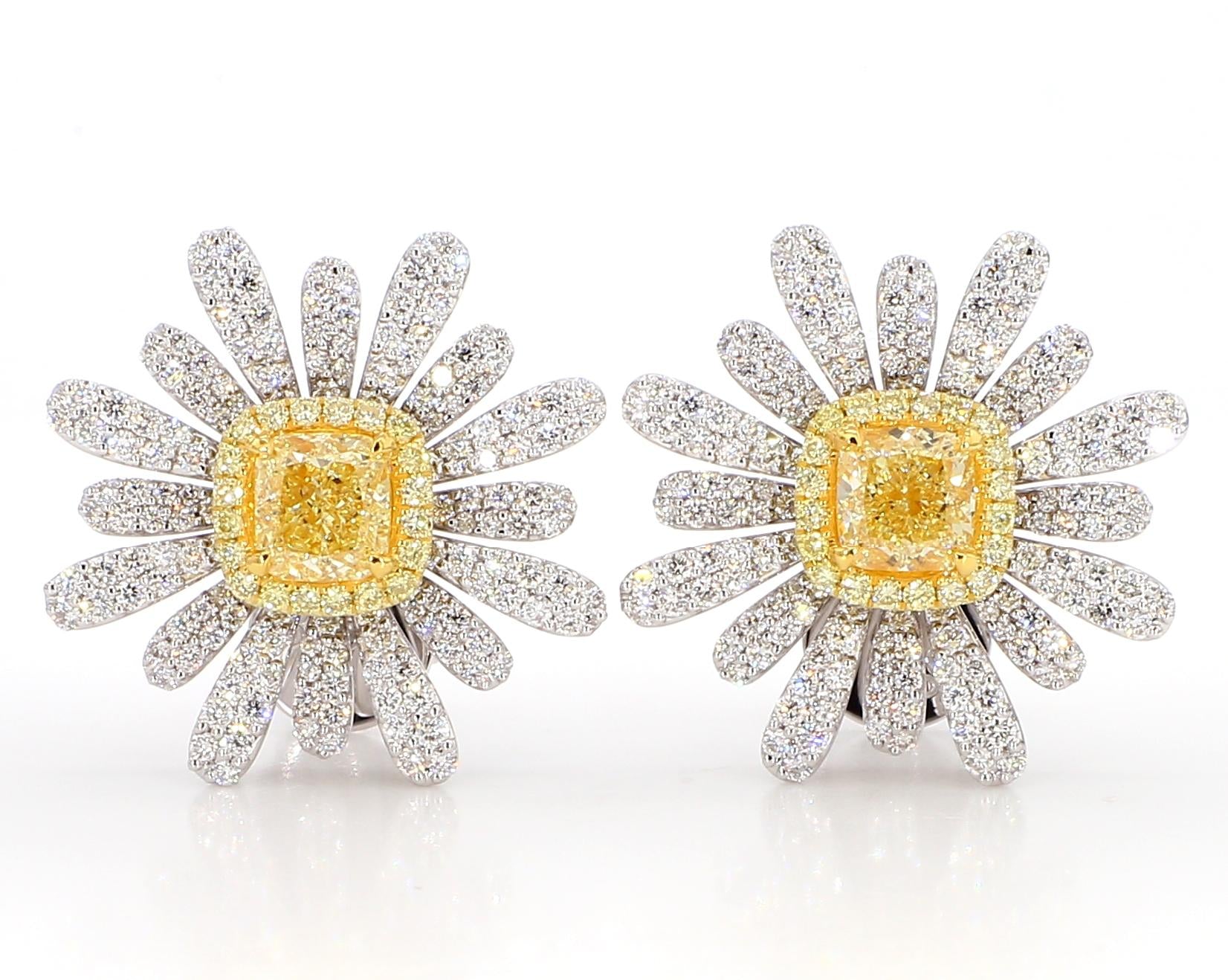 GIA Certified Natural Yellow Cushion Diamond 3.30 Carat TW Gold Stud Earrings