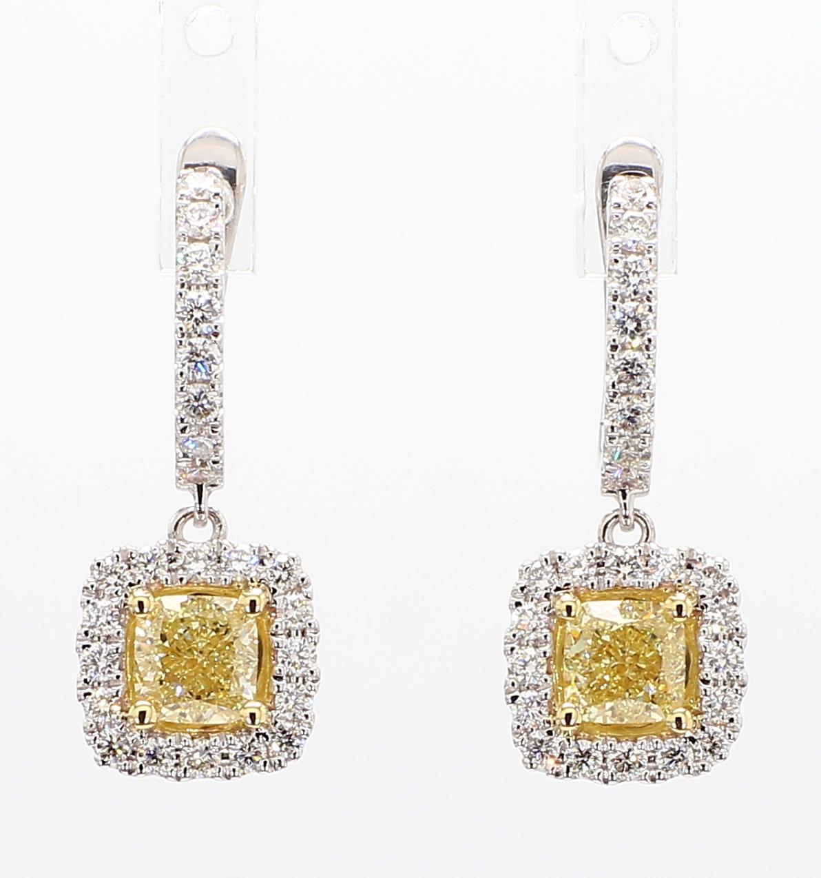 GIA Certified Natural Yellow Cushion Diamond 2.16 Carat TW Gold Drop Earrings