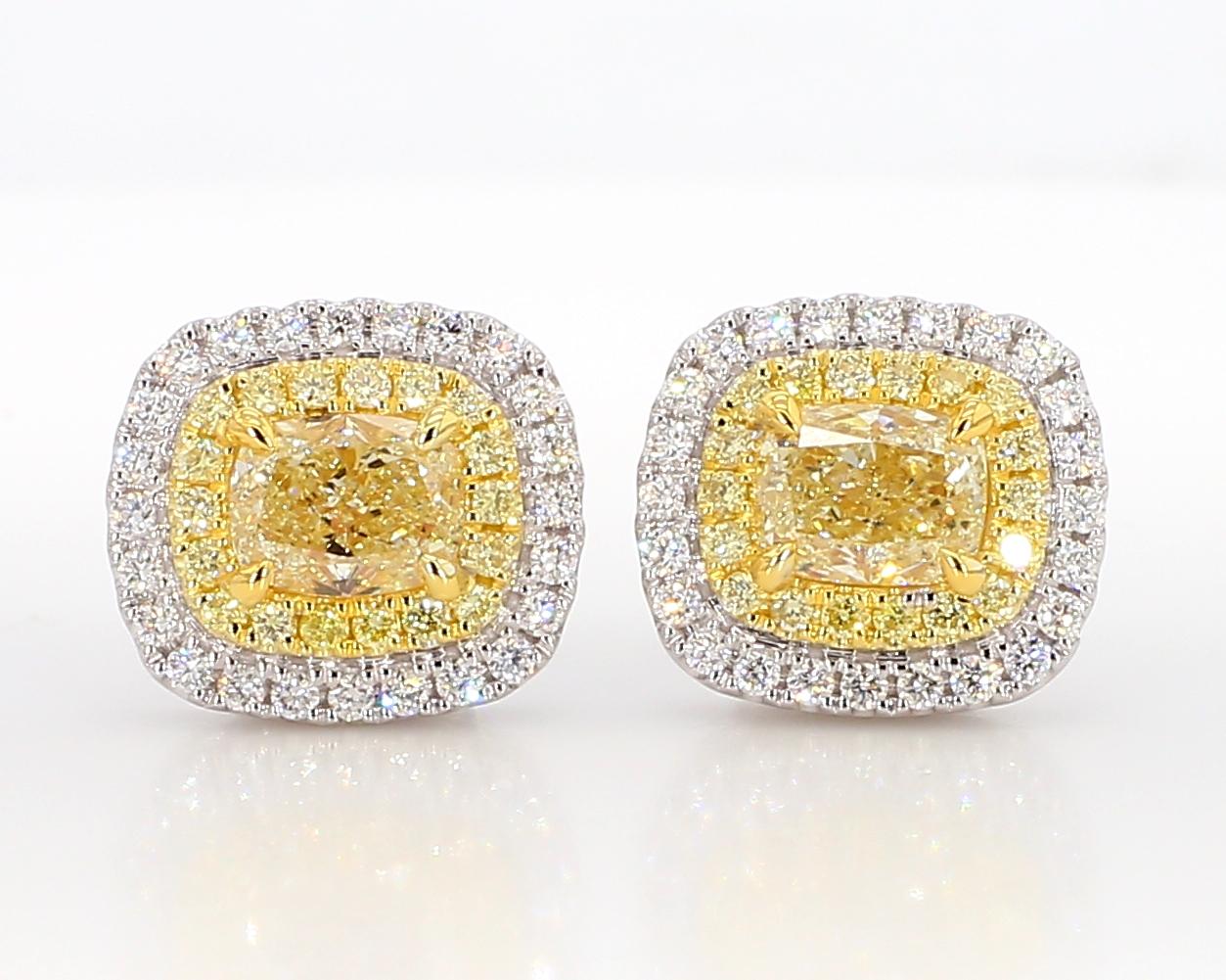 GIA Certified Natural Yellow Cushion Diamond 2.20 Carat TW Gold Stud Earrings