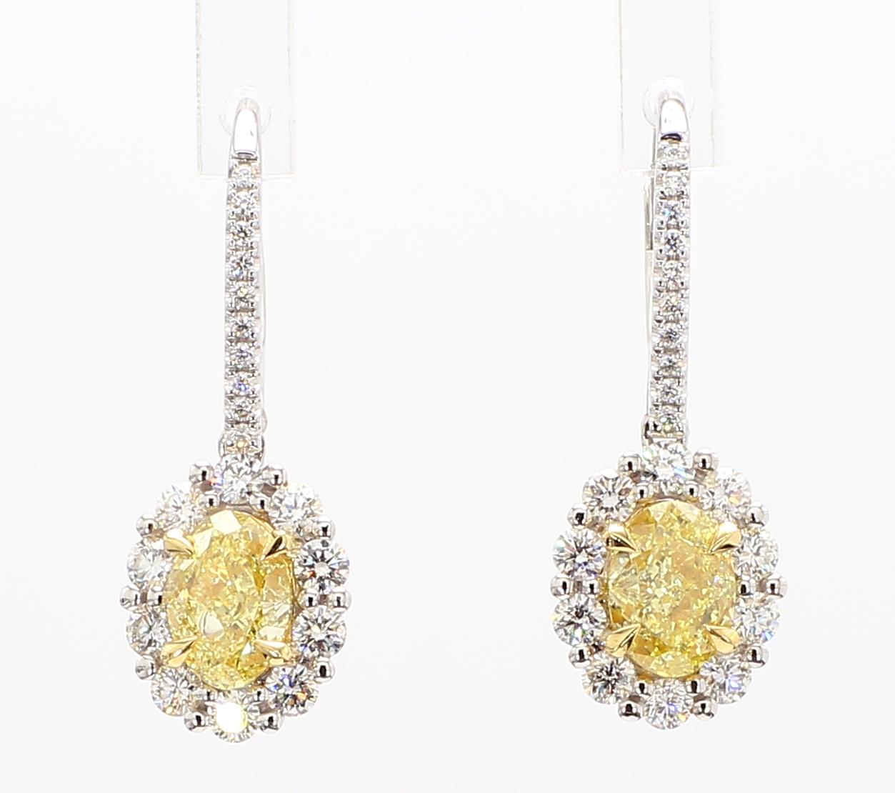 Natural Yellow Oval Diamond 2.17 Carat TW Gold Drop Earrings