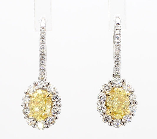 Natural Yellow Oval Diamond 2.19 Carat TW Gold Drop Earrings