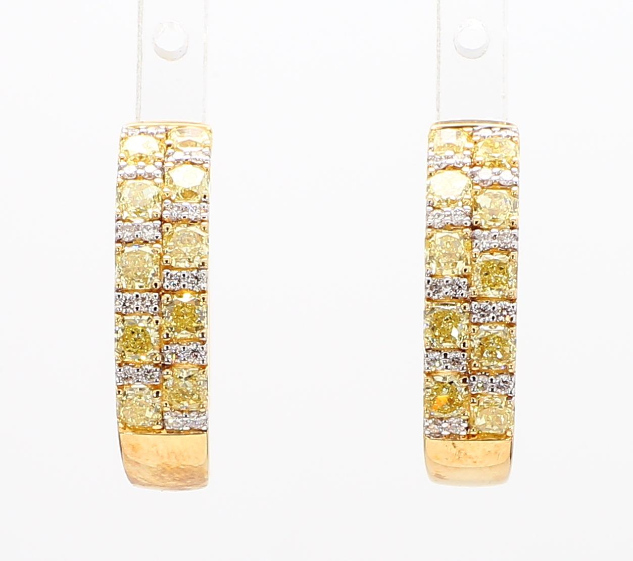 Natural Yellow Radiant Diamond 1.66 Carat TW Gold Hoop Earrings