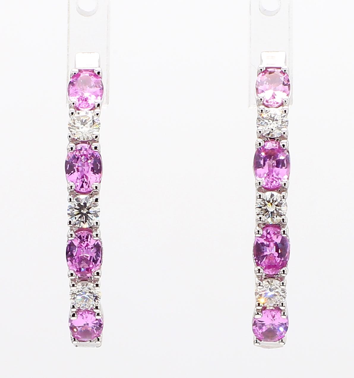 Natural Pink Round Sapphire and White Diamond 2.40 Carat TW Gold Hoop Earrings