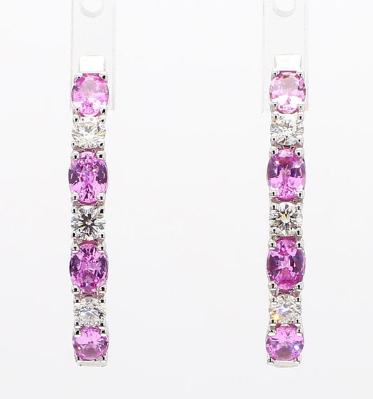 Natural Pink Round Sapphire and White Diamond 2.40 Carat TW Gold Hoop Earrings