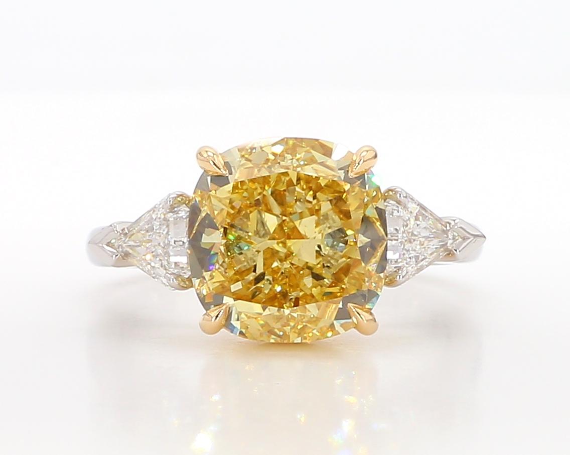 GIA Certified Natural Yellow Cushion Diamond 6.34 Carat TW Plat Cocktail Ring