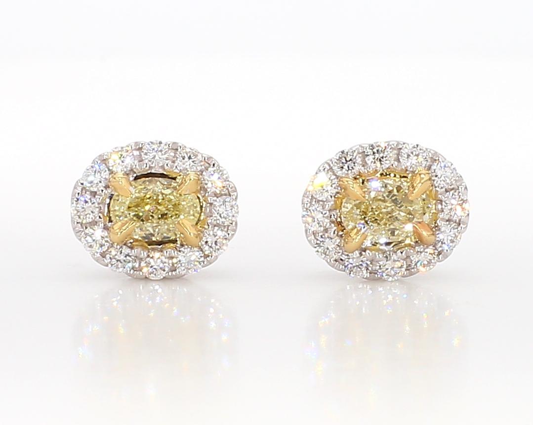 Natural Yellow Oval Diamond 0.91 Carat TW Gold Stud Earrings