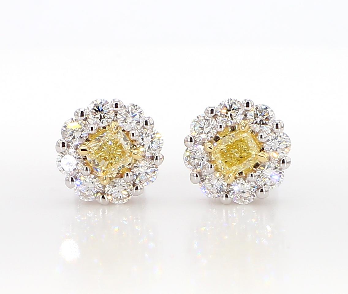 Natural Yellow Cushion Diamond 1.42 Carat TW Gold Stud Earrings