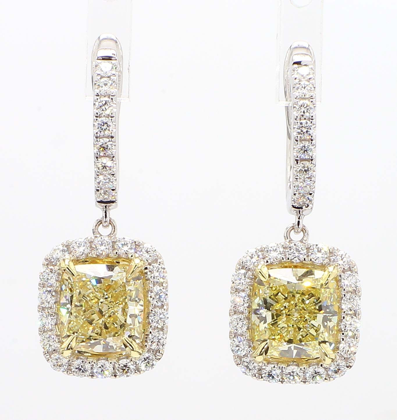 GIA Certified Natural Yellow Cushion Diamond 5.24 Carat TW Gold Drop Earrings