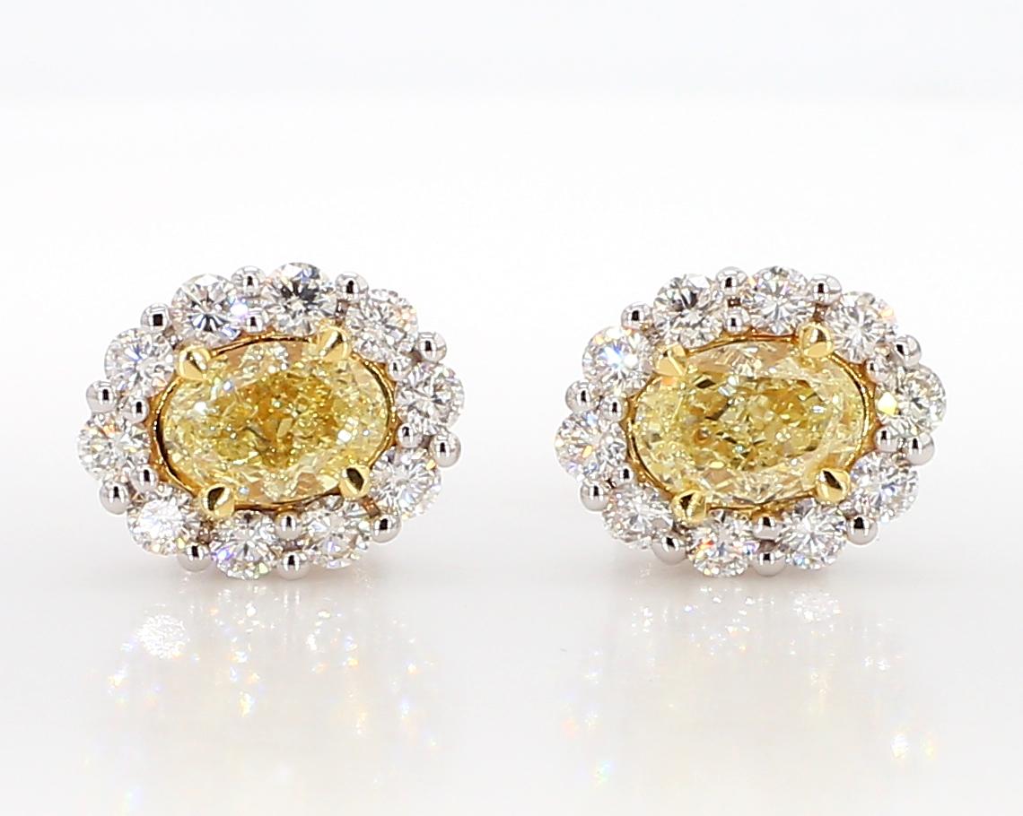 Natural Yellow Oval and White Diamond 2.09 Carat TW Gold Stud Earrings