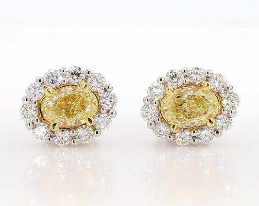 Natural Yellow Oval and White Diamond 2.09 Carat TW Gold Stud Earrings