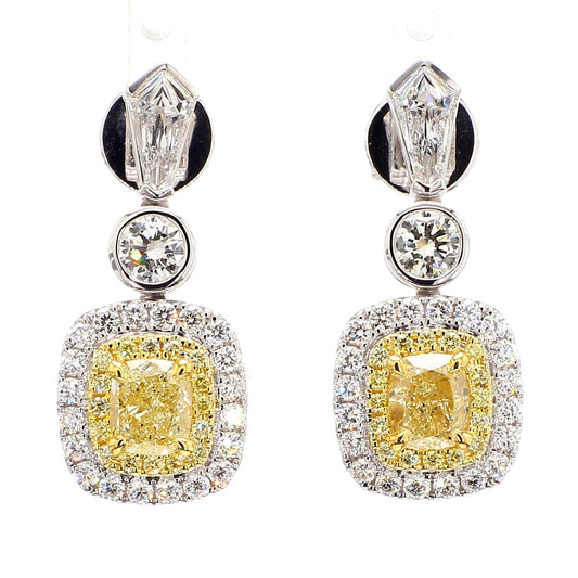 GIA Certified Natural Yellow Cushion Diamond 3.38 Carat TW Gold Drop Earrings