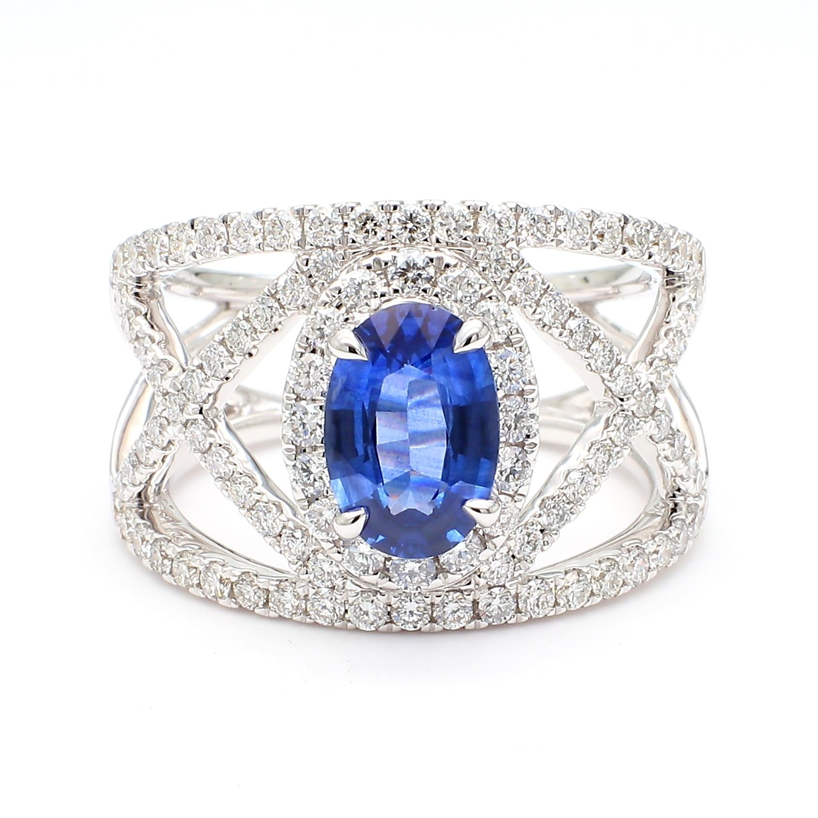 Natural Blue Oval Sapphire and White Diamond 2.47 Carat TW Gold Cocktail Ring