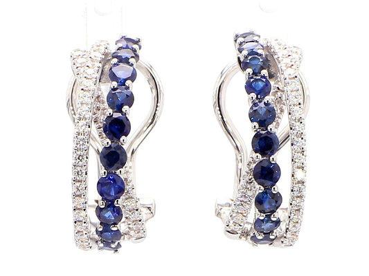 Natural Blue Round Sapphire and Diamond 2.13 Carat TW Gold Hoop Earrings