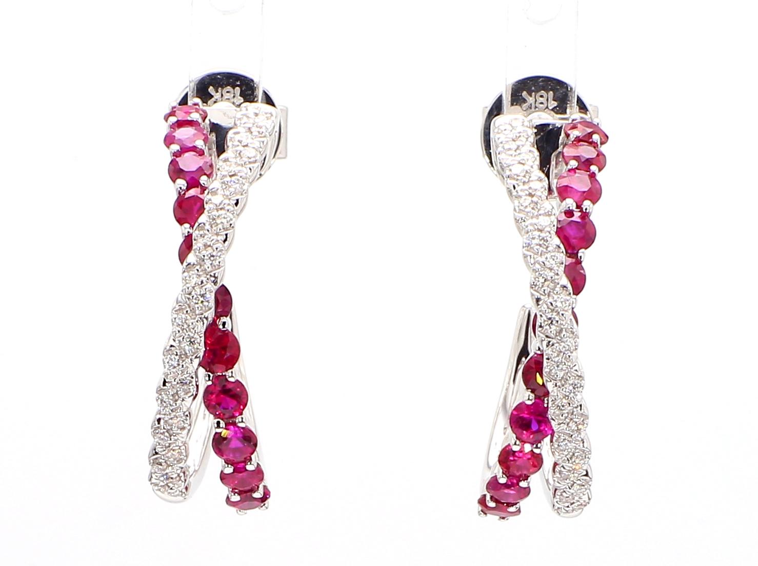 Natural Red Round Ruby and White Diamond 1.38 Carat TW Rose Gold Drop Earrings