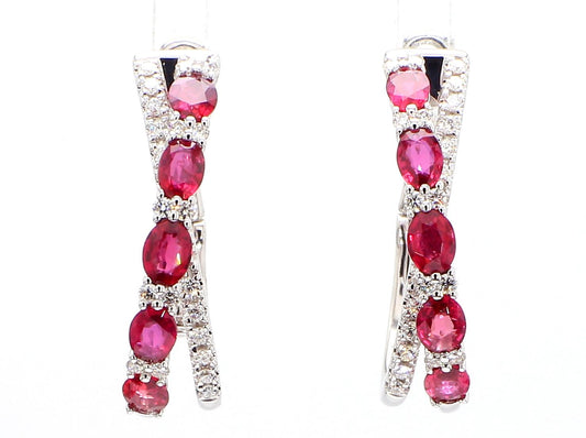 Natural Red Oval Ruby and White Diamond 3.20 Carat TW Gold Hoop Earrings