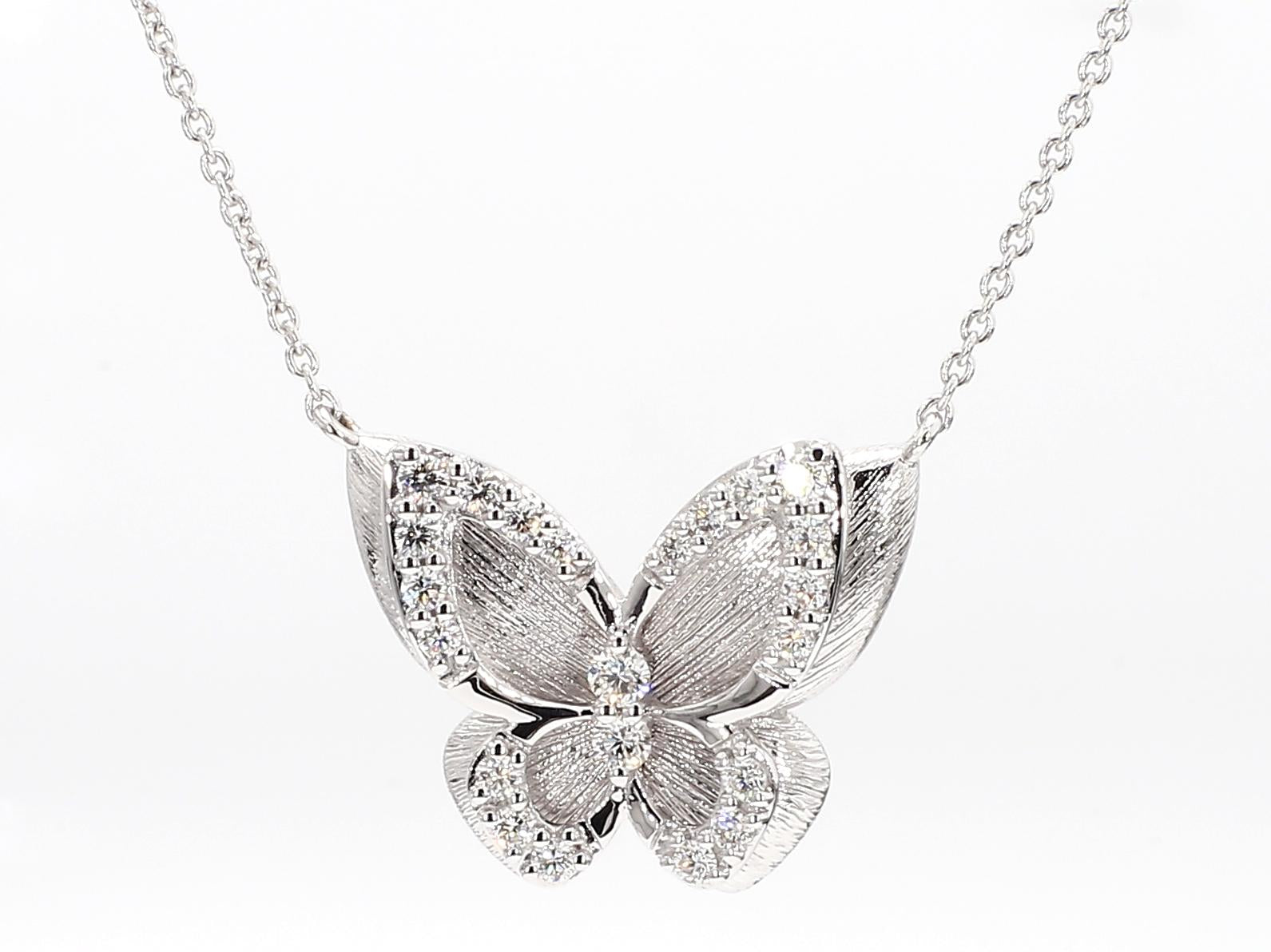 Natural White Round Diamond .65 Carat TW White Gold Butterfly Necklace