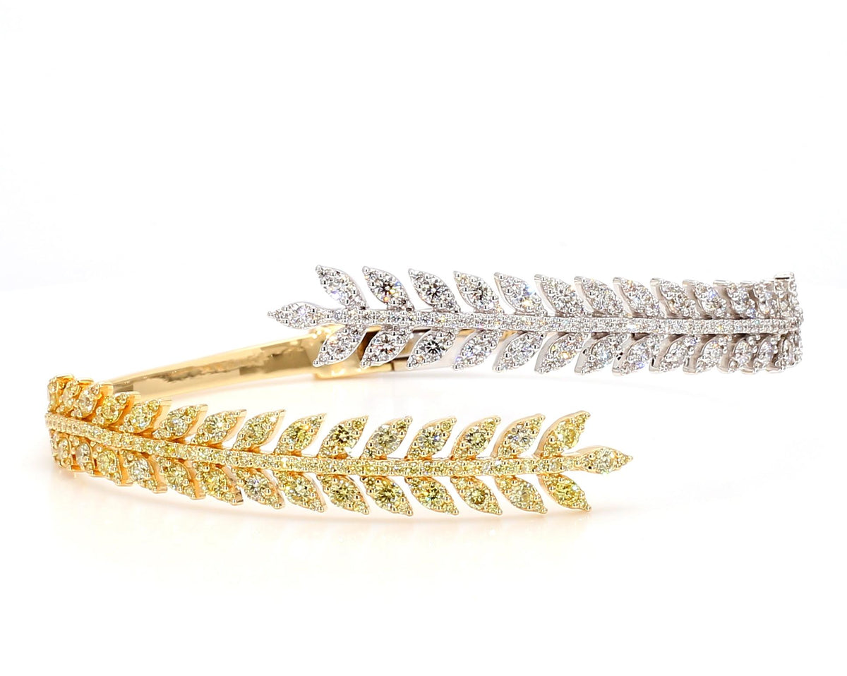 Natural Yellow Round and White Diamond 3.44 Carat TW Gold Cuff Bracelet